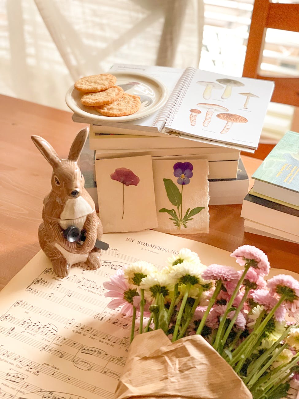 notes flowers toy rabbit and drawings