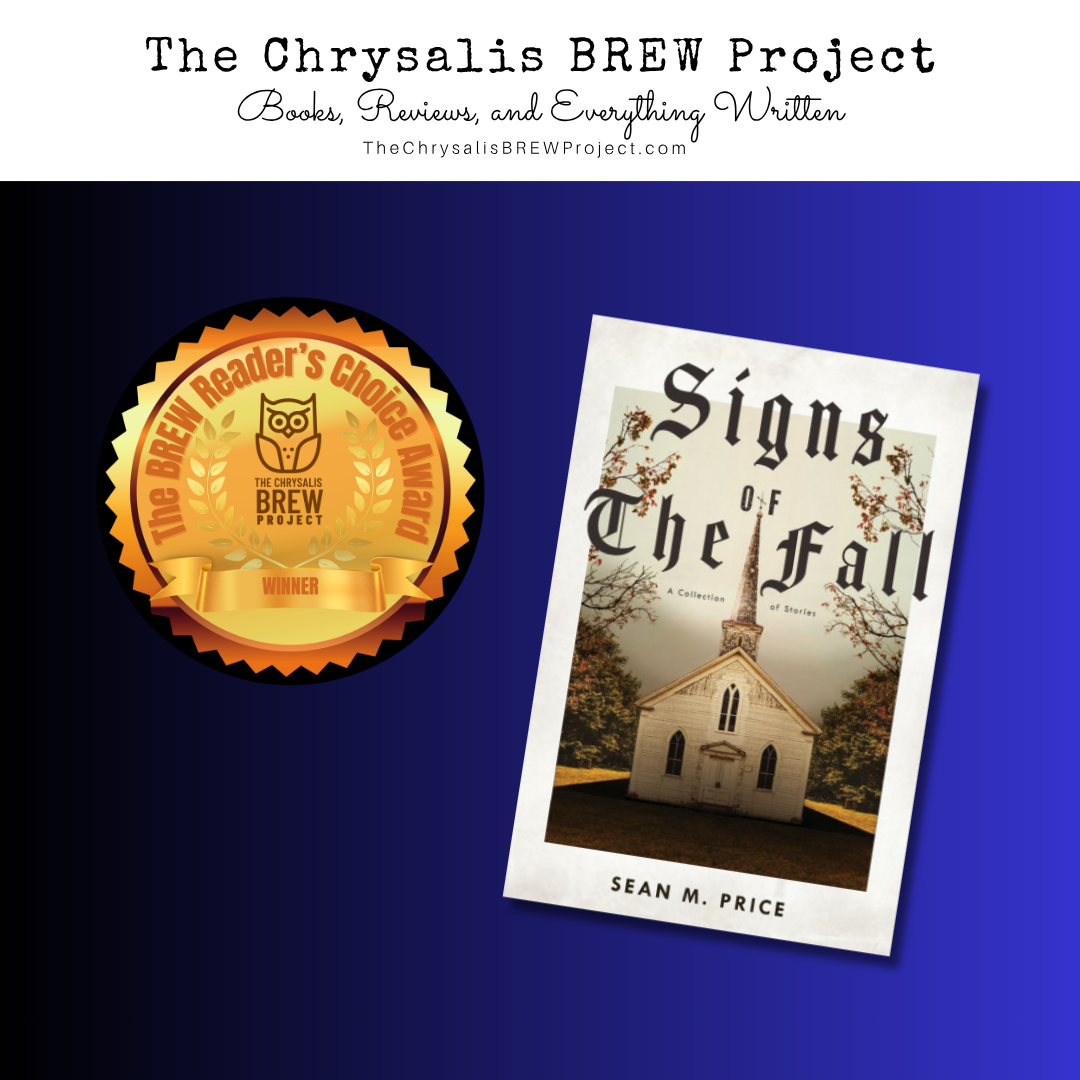 Promotional image showcasing the "Signs of The Fall" book cover by Sean M. Price alongside the BREW Reader's Choice Award badge.