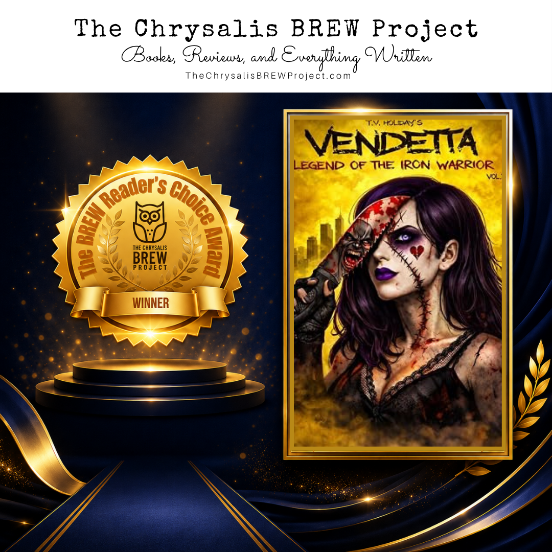 An illustration of a dark fantasy book cover featuring a female warrior with a sinister appearance, surrounded by an award emblem for The BREW Reader's Choice Award.